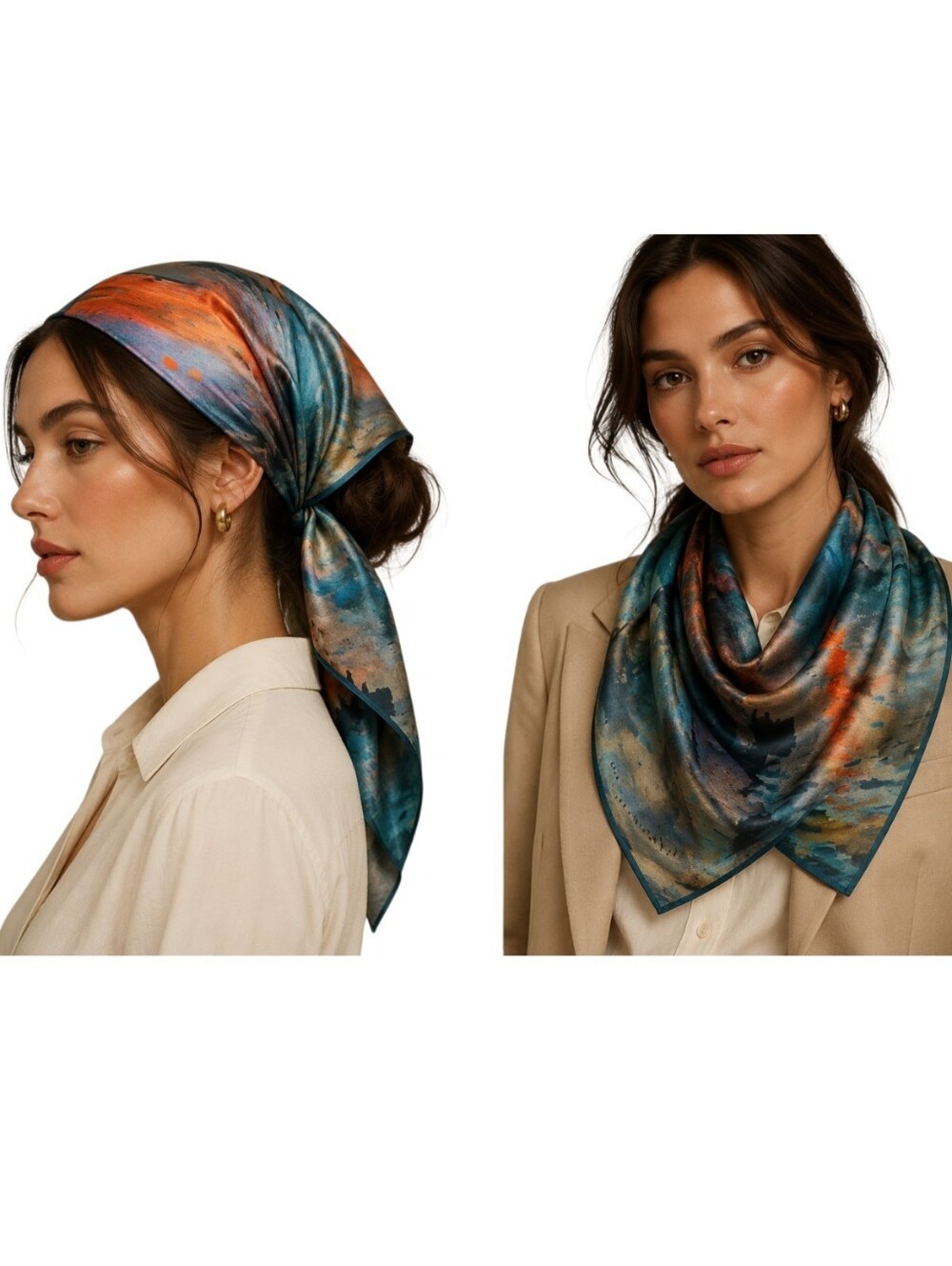 100% Mulberry Silk Scarf Claude Monet Impression Sunrise Art Square Hair Bandana